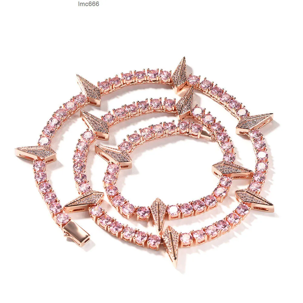 Hip Hop Black Pink Black Spikes Design Tennis Chain Spring Clasp Necklace Bracelet