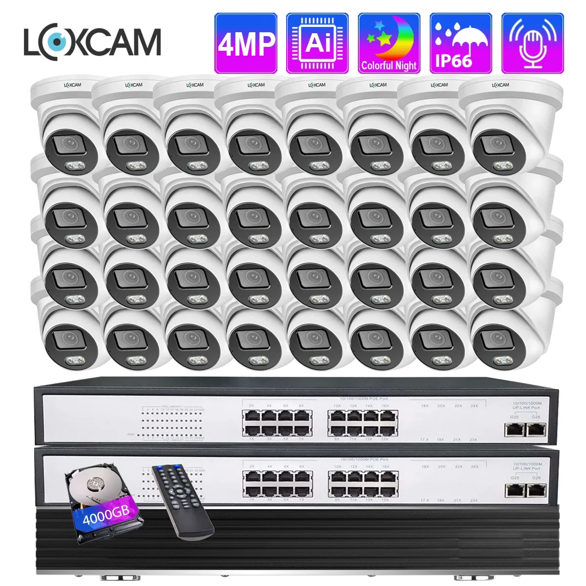 System LOXCAM 32CH CCTV System 4MP Audio Security Camera Kit IP66 Indoor outdoor Color night vision IP Camera Video Surveillance Set