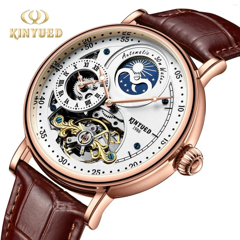 Relógios de pulso Kinyed Men's Skeleton Watch Automático Mecânica Fase Fase duas vezes Moda Mank Wrist Watches Tira de couro impermeável