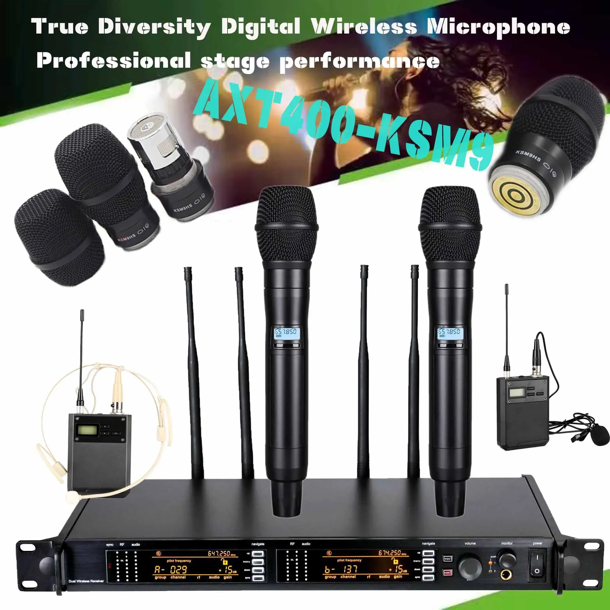 Microfones ATX400 640MHz/925MHz Dual Channel True Diversity Digital Wireless Microphone Professional Stage Microfono KSM9HandHeld Mic