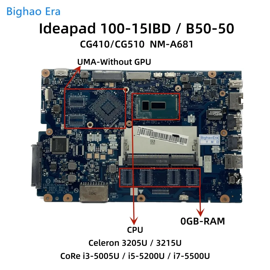 Moderkort NMA681 för Lenovo IdeaPad 10015IBD B5050 Laptop Motherboard med 3205U i35005U i55200U i75500U CPU UMA 0/2GBRAM 100% arbete