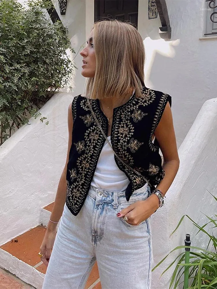 Women's Vests Women Vintage Flower Embroidery Sequins Short Vest Jacket Ladies O Neck Sleeveless Tops 2024 Casual Velvet Waistcoat