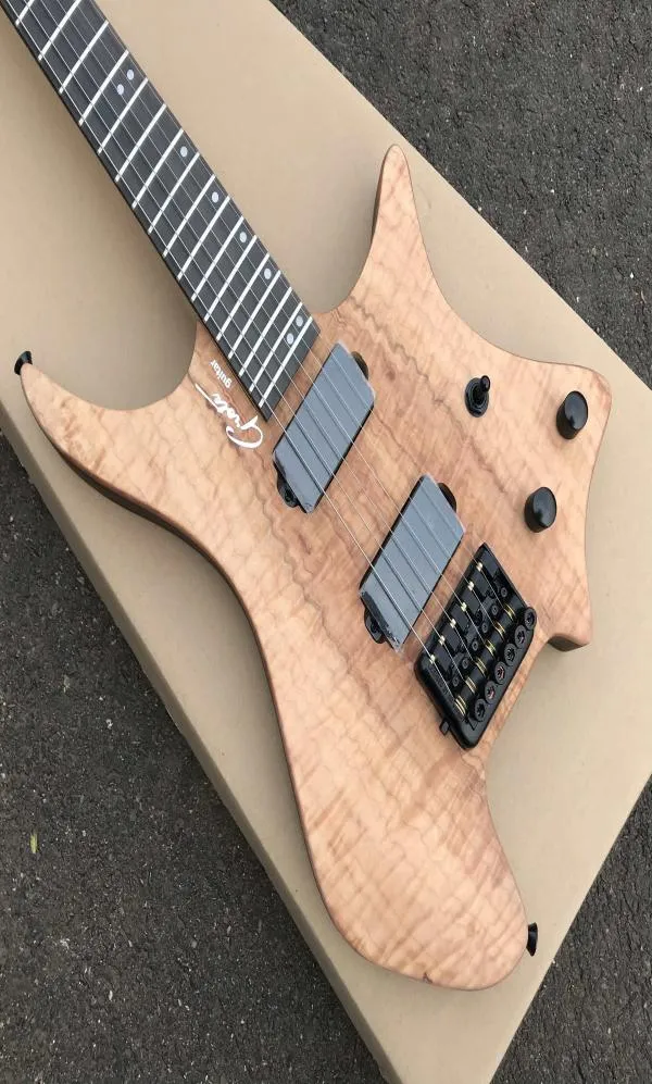 Custom OS 6 String Natural Koa Flame Maple Top Headless Electric Guitar KD Patent Tremolo Tailpiece Black Hardware6054291