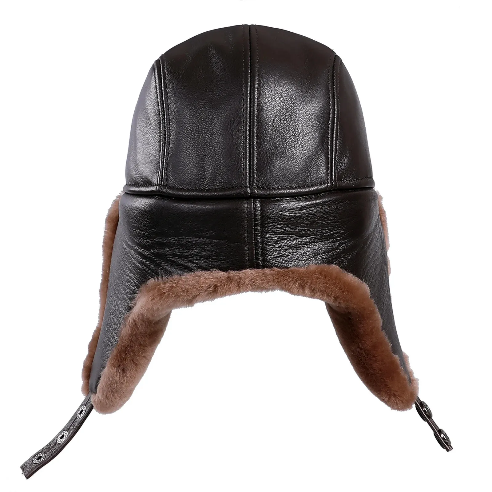 Aviator Trapper Ushanka Leather Shearling Sheepskin Fur Hat - Solid