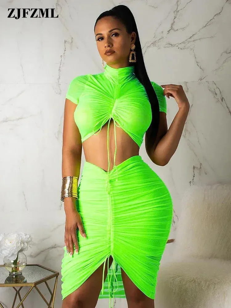 Neon Green Yellow Sexy Two Piece Set Women Turtleneck Short Sleeve Crop Top Pleated Bodycon Dress Tracksuit 2 Club Outfit 240407