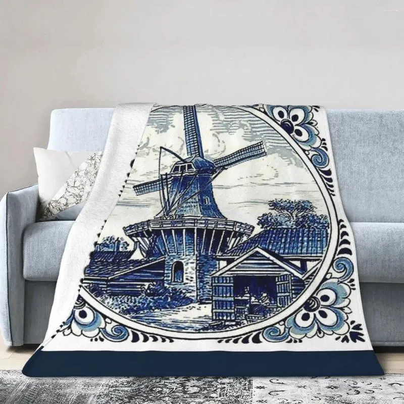 Filtar holländska blå Delft vintage väderkvarn tryck mjuk varm flanell kast filt sängkläder för sängen vardagsrum picknick resa hem