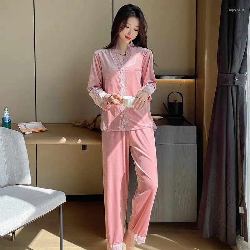 Home Clothing Autumn Nightwear Intimate Lingerie Women Sexy Lace Velvet 2pcs Pajamas Suit Long Sleeve V-Neck Pyjamas