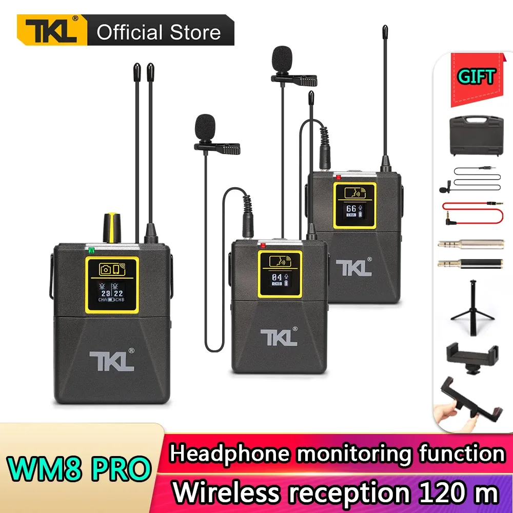 Microfones UHF Wireless Lavalier Microphone 100 Channel Lapel Microphone For Phone Video SLR Camera Recording Live Interview TKL Pro WM8