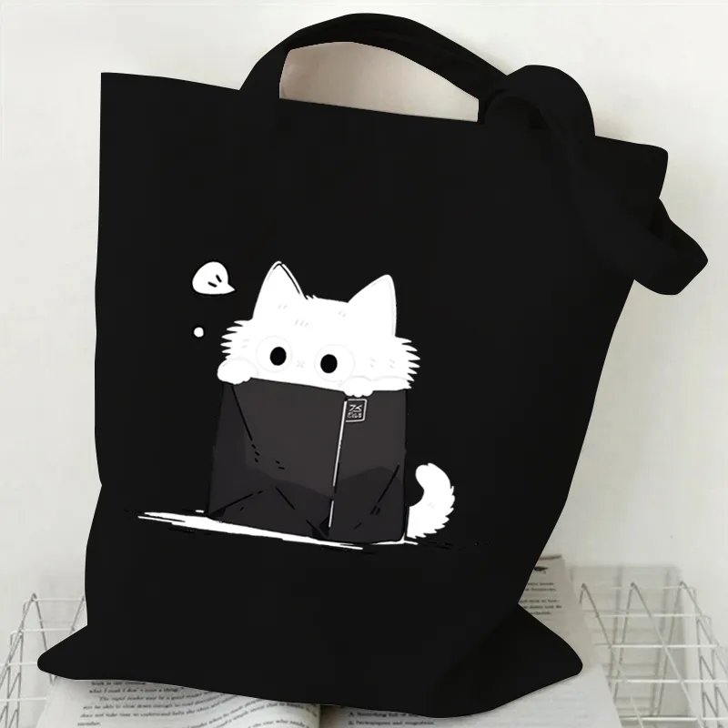 Kawaii Cat Canvas Tote Bag - Japanese Style Cartoon Handbag for