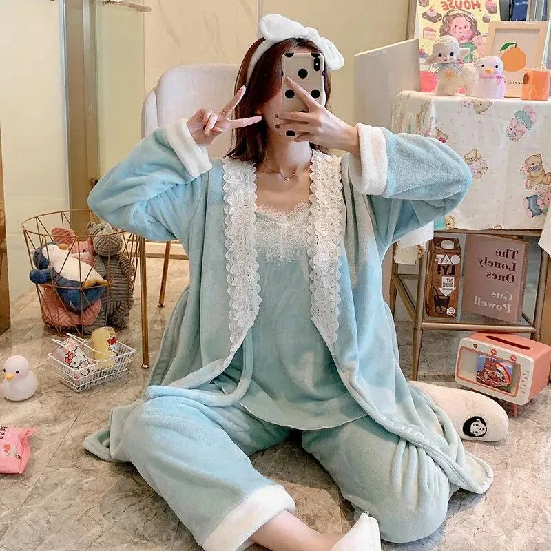 Home Clothing Flower Women Pajamas Set Soft Flannel 3PCS Sleepwear Winter Robe Suit Sexy V-neck Kimono Gown Blue Lace Trim