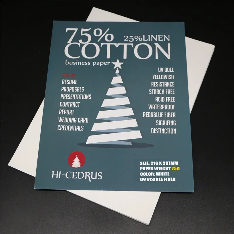 Carta 75gsm, 75% cotone 25% di carta in lino, a4 size 210*297 mm, colore bianco, fibra invisibile UV, ammissibile, impermeabile, 10 fogli GCyt014