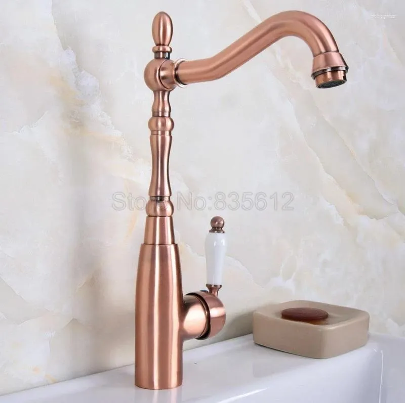 Banyo lavabo muslukları kırmızı bakır döner spout musluk yıkama havzası karıştırıcı güverte montaj seramik sapı soğuk su tapwnf634