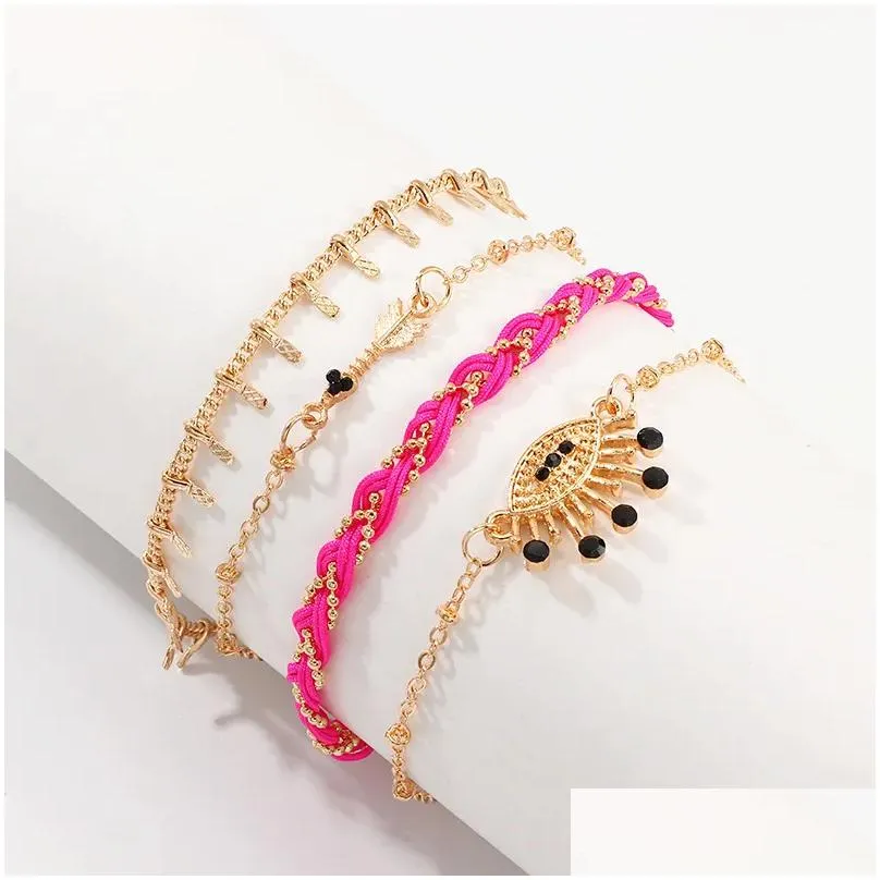 Anklets Fz0101 Jewelry Simple Fashion Color Woven Rope 4 Sets Metal Devils Eye Anklet Drop Delivery Dhmai