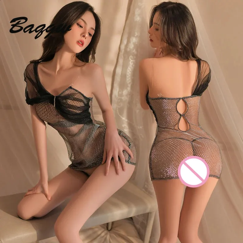 Nightclub Hollow Out Shining See Through Dress Women Sexy Lingerie Mesh Seduction Sensual Nightwear Babydolls Adult Costume 240401