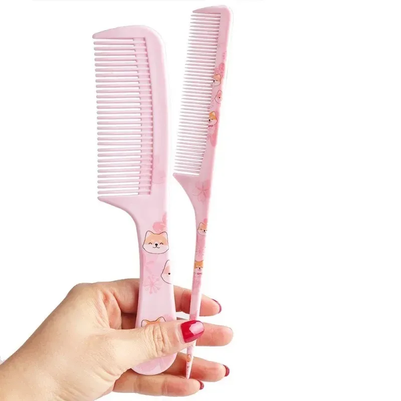 Pink Famous Creative PP Printing Puppy Cat Hair Styling Family Student Pointed Tail Comb Wide Teeth Plat Comb 2-Piece Set