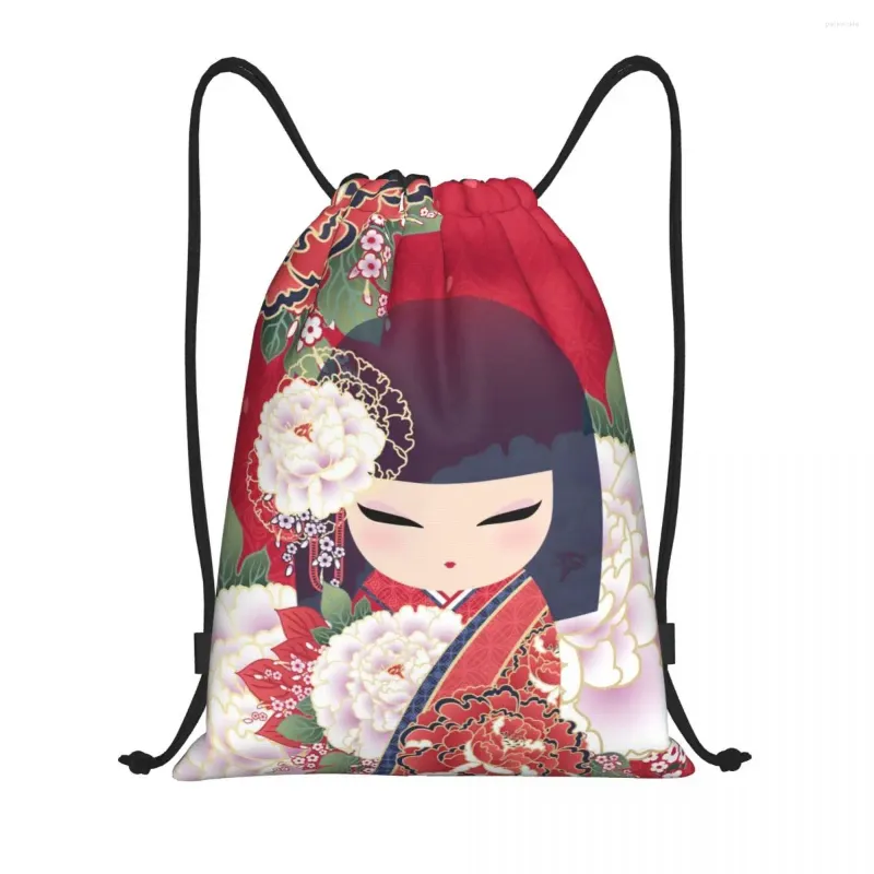 Förvaringspåsar kokeshi docka cherry blossoms dragskon ryggsäck kvinnor män gym sport sackpack fällbar japansk tjej konst shopping väska säck