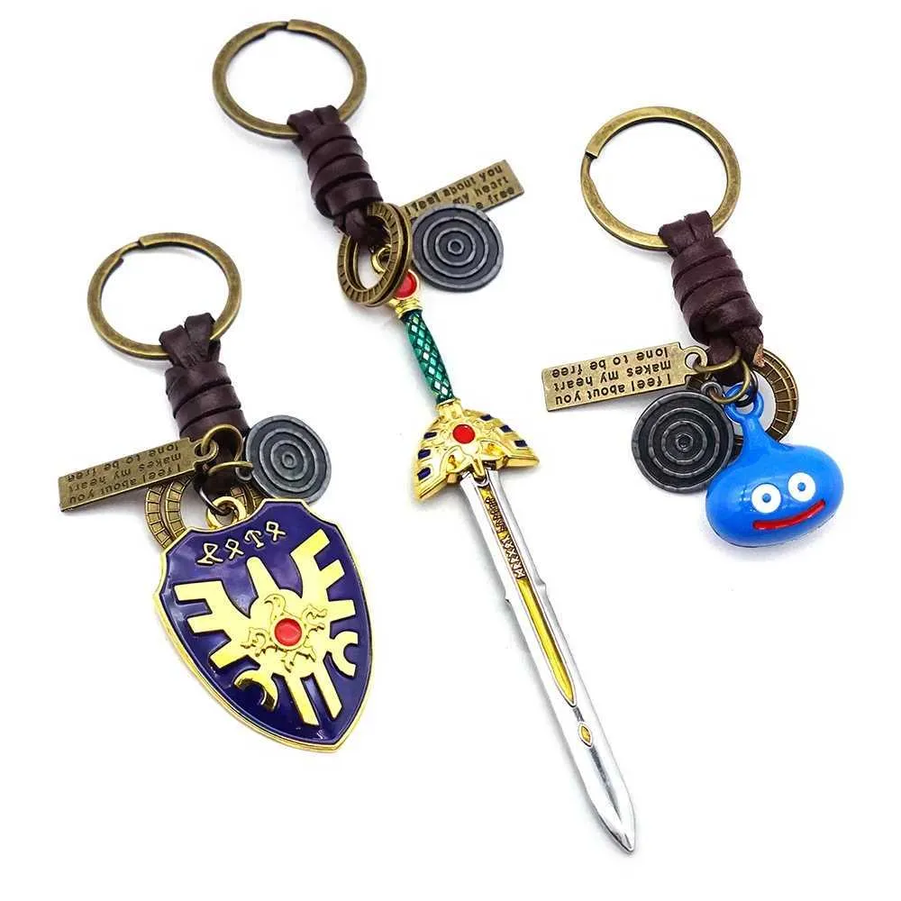 Keychains Lanyards Doragon Kuesuto Leather Keychain Shield Road Sword Dragon Exploration Mens Accessories Ring llaveros Q240403