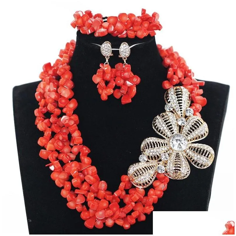 Earrings & Necklace Latest Design Nigerian Coral Beads Jewelry Set Real Wedding African Big Gold Pendant Statement Cnr832 Drop Delive Dhjab