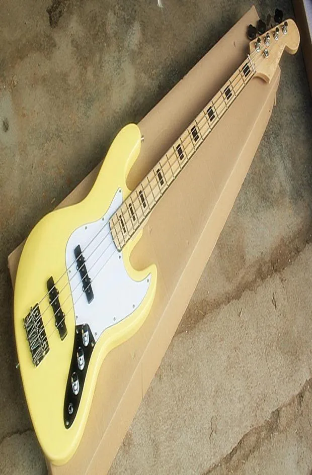 Guitare basse de jazz électrique jaune direct d'usine avec incrustation noire et chrome white pickguardcan être personnalisé1581615