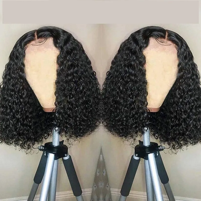 Dames Wig Kinky Curly Bob Wig Bobo Head Set Human Hair Wig 4x1 T -stijl 150 %