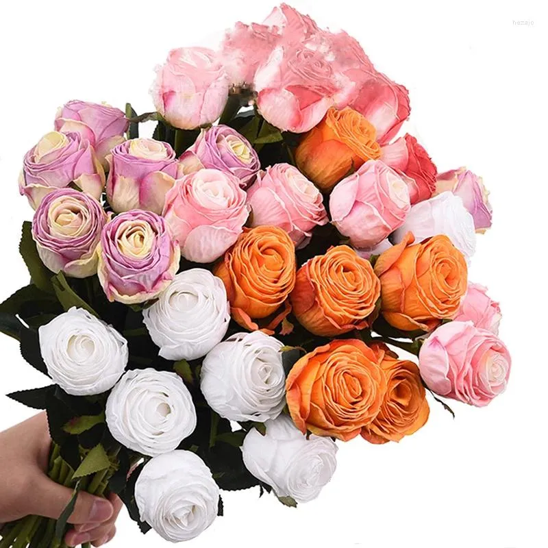 Dekorativa blommor yan 5st konstgjorda brända rosbukettsilke med stjälkar för bröllopsarrangemang mittpieces hemrumsdekoration