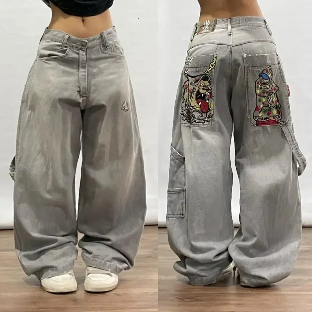 Jeans de estampa gótica vintage americana Mulheres Y2K Street Hip Hop Low Lowpping Wide Leg -Pants Harajuku Casual Calças Longas 240401