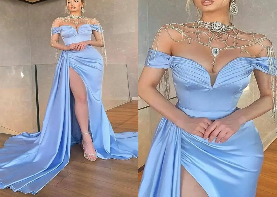 2022 Sky Blue Satin Mermaid Avond Jurk High Split van schouder prom feestjurken Elegant No Cap Robe de Soiree Vestidos de Fiest3864511