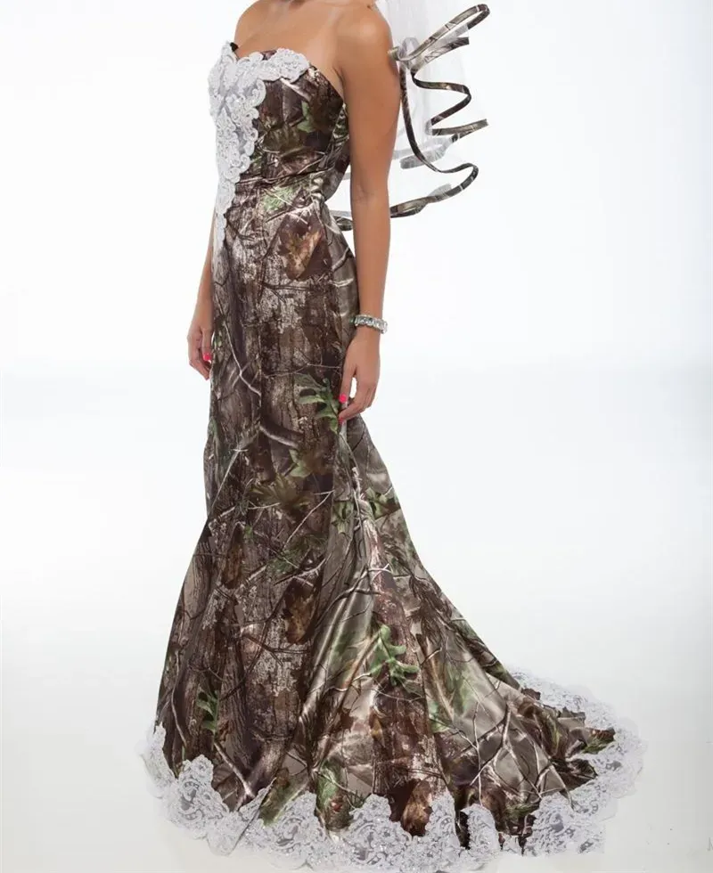 Robes Vente chaude la plus récente 2020 Robes de mariée de camouflage de sirène bon marché avec applications perlées robes de fête de mariage longue satin