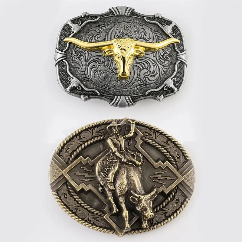 Belts Alloy Belt Buckle Western Denim Vintage Cowhead Horn Pattern Wild Men And Women 3.8 Needle Letter Ethnic Style