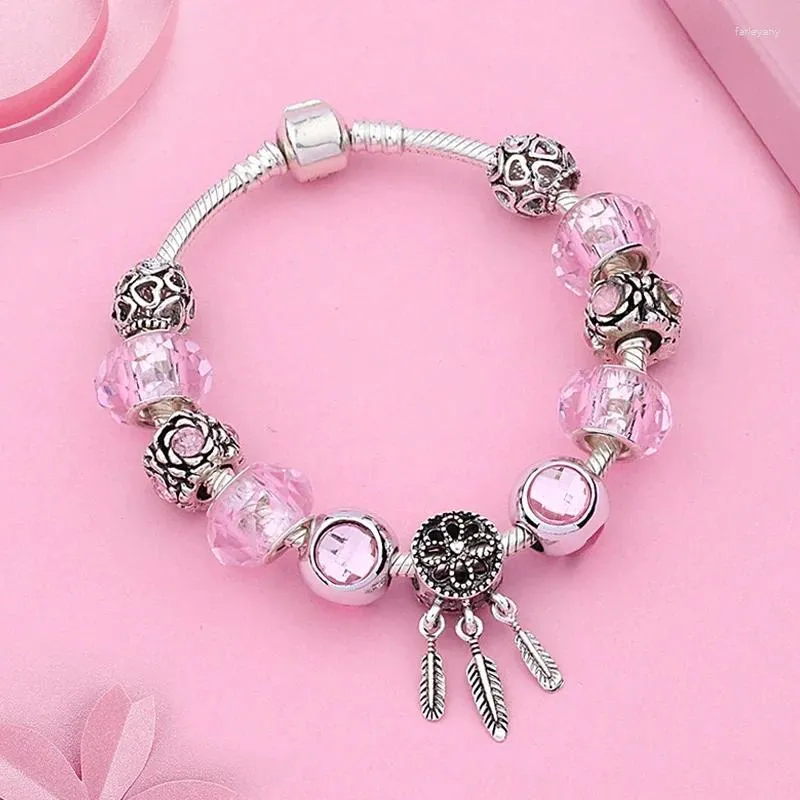 Bedelarmbanden roze kristal droomvanger armband eenvoudige chique zilveren kleur kralen bloem diy mode sieraden
