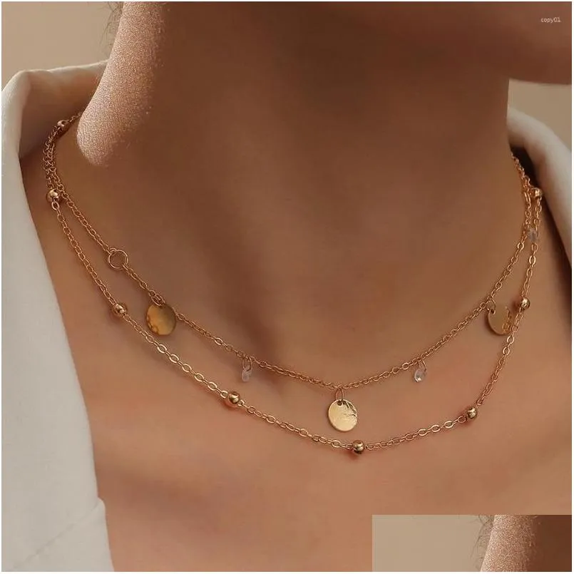 Подвесные ожерелья золотой цвет двойной слой цепей Femme Classic Simple Sequin Маленькие хрустальные украшения для женских ожерелья Del Oteyr