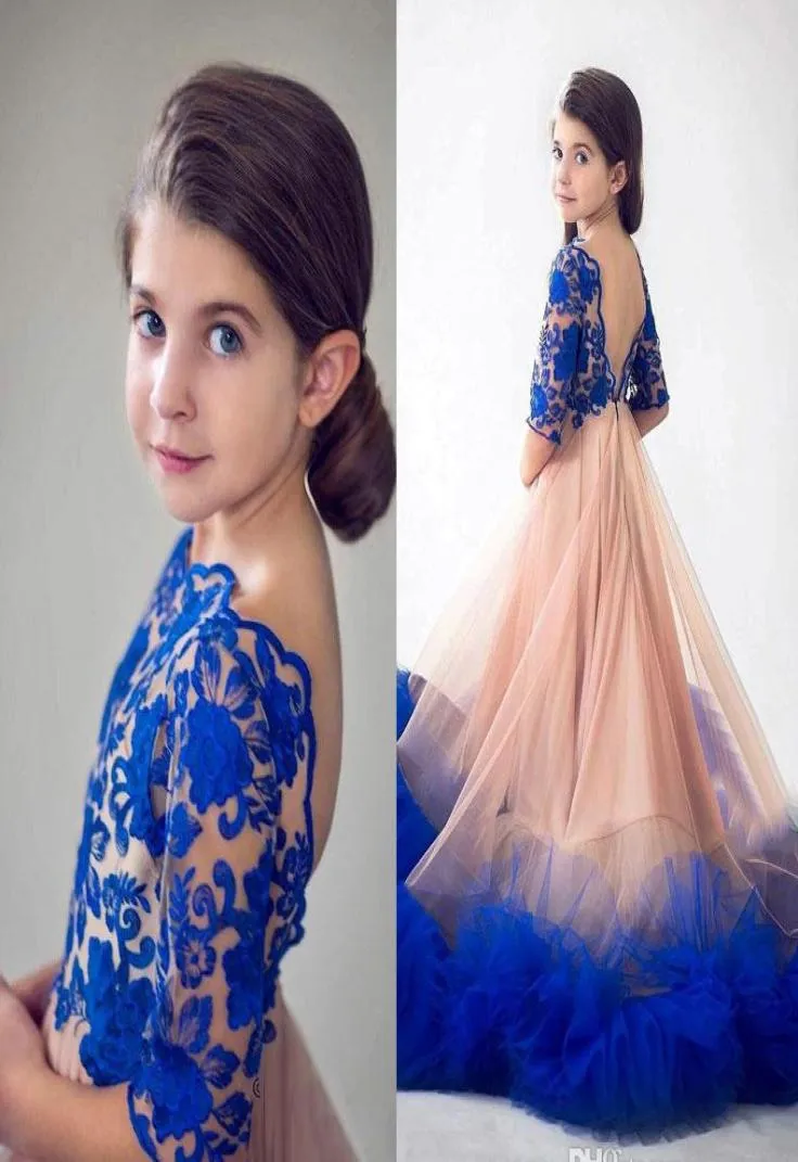 Princess Royal Blue Flower Girls Pageant -jurken voor bruiloftsontwerper Backless Lace Appliques Ruffles Kids Formal Wear First Commu1416267