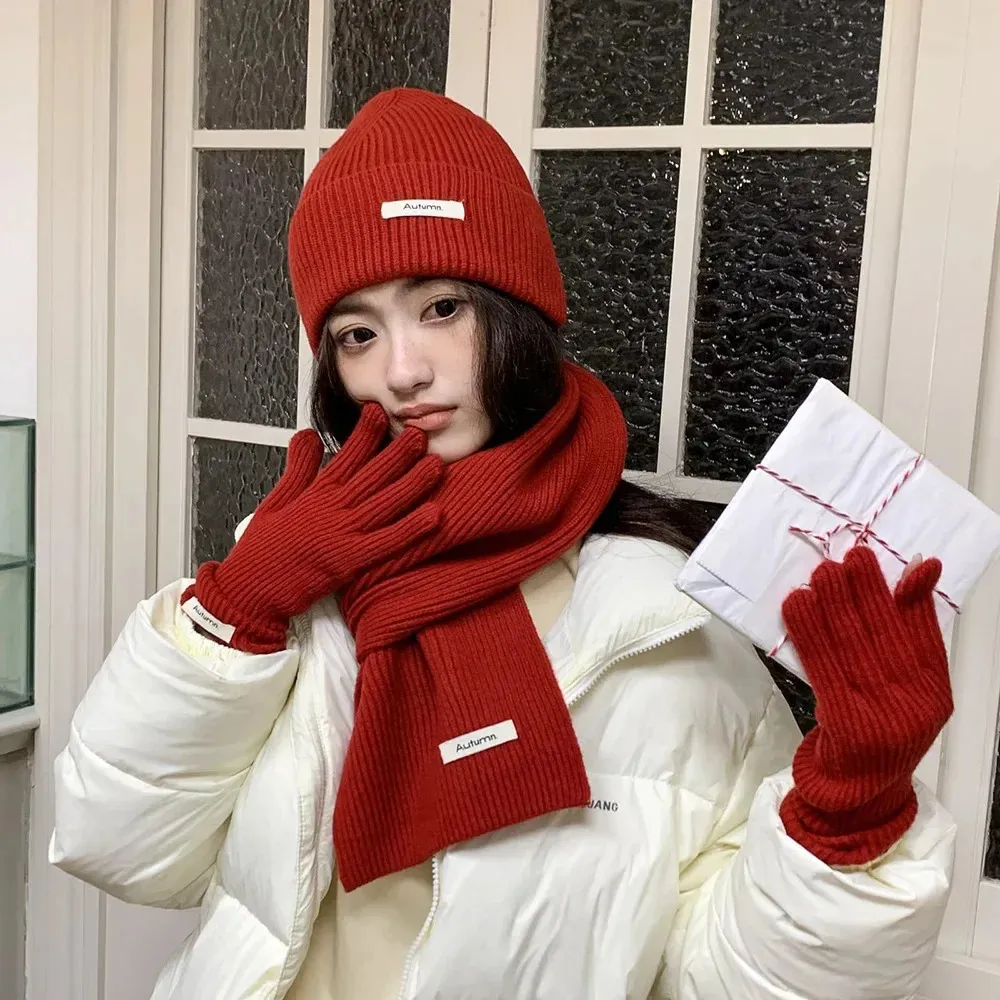 3-in-1 Winter Beanie Hat Scarf Gloves Knitted Set, Red Amazon.com: DOPORA Winter Warm Women Men 3 in 1 Hat Gloves  main image 2