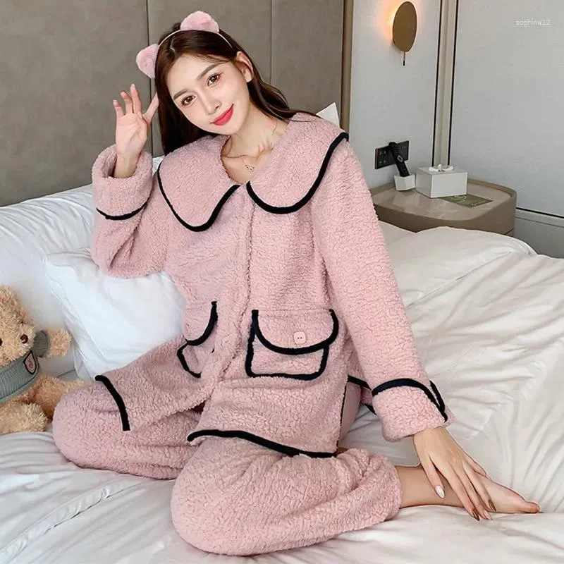 Ev Giyim Kadınları Placow Gare Kış Samimi Çamaşırı Flannel 2pcs Pijama Takım Uzun Kollu Mercan Polar Pijamalar Homewear