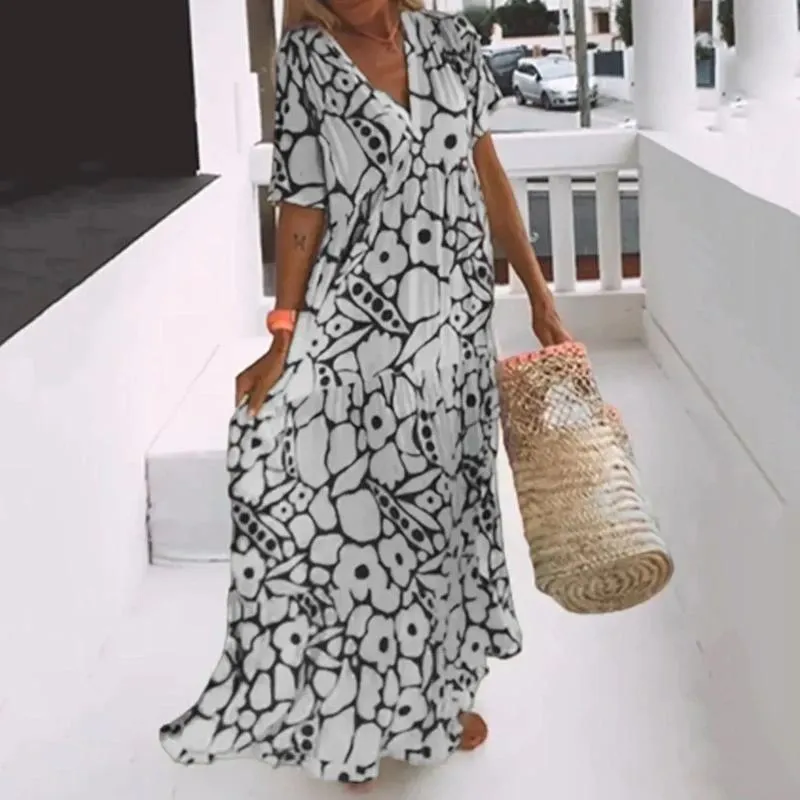 Lässige Kleider Vintage Print Langes Kleid Frauen V-Ausschnitt LOSSEN FIT SOMMER BOHO BLOMAL SCHLIESSELE SCHLUSS FLUS SCHWICK Eine Linie Maxi