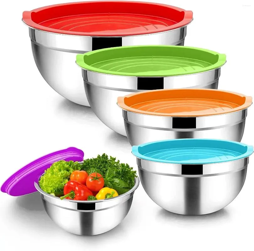 Bols 5pcs mélangez le salade de salade de nidification en métal en acier inoxydable avec couvercle pour la préparation du service à l'air étanche nettoyant