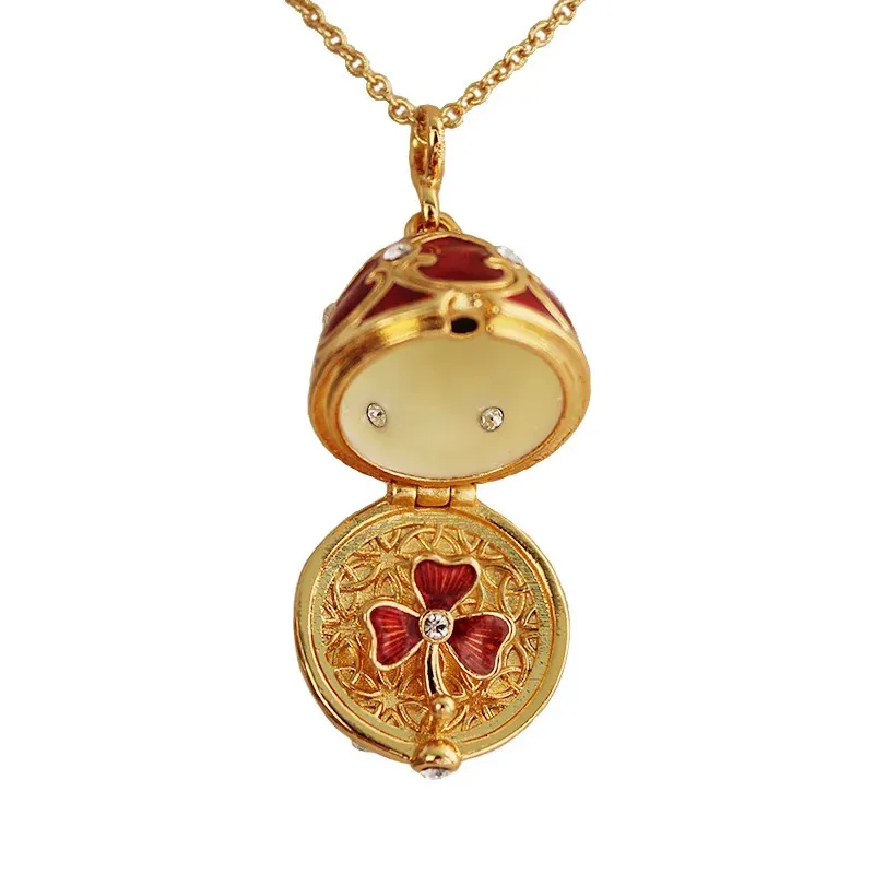 Enamel Handmade Easter Egg Pendant Necklace Jewelry Locket Brass Vintage Crystal Clover Inside Gift To Women Girls 240407
