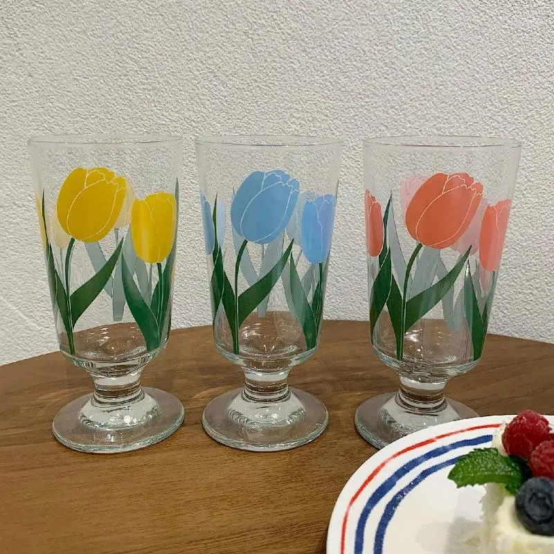 Verres à vin 4 couleurs vintage art tulip verre bleu jaune petit gobelet mode jus lait de consommation de boisson courte