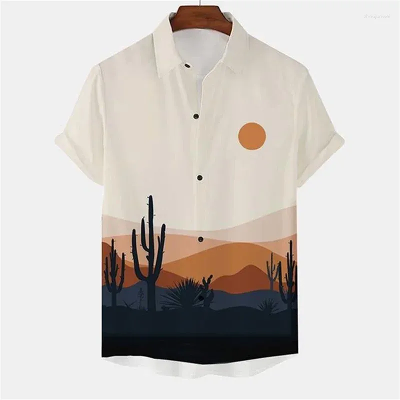 Men's Casual Shirts Summer Vacation Hawaiian Shirt Men Cactus Desert Landscape 3d Print Tropical Plant Pattern Lapel Short Sleeve Blouse