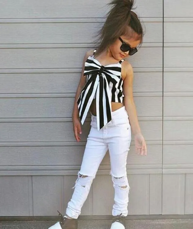 Retailwhole Girl Stripe Big Butterfly Tophole Jeans 3pcs set tracksuit met hoofdband kleding sets meisjes outfits kinderen DE1909293