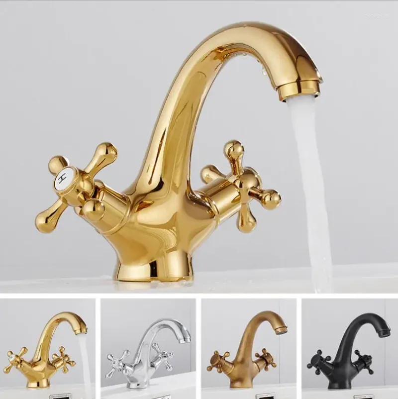 Bathroom Sink Faucets European Style Retro Brass Double Switch Handle Basin Faucet Gold And Cold Water Mixing Valve Arc Art Tap