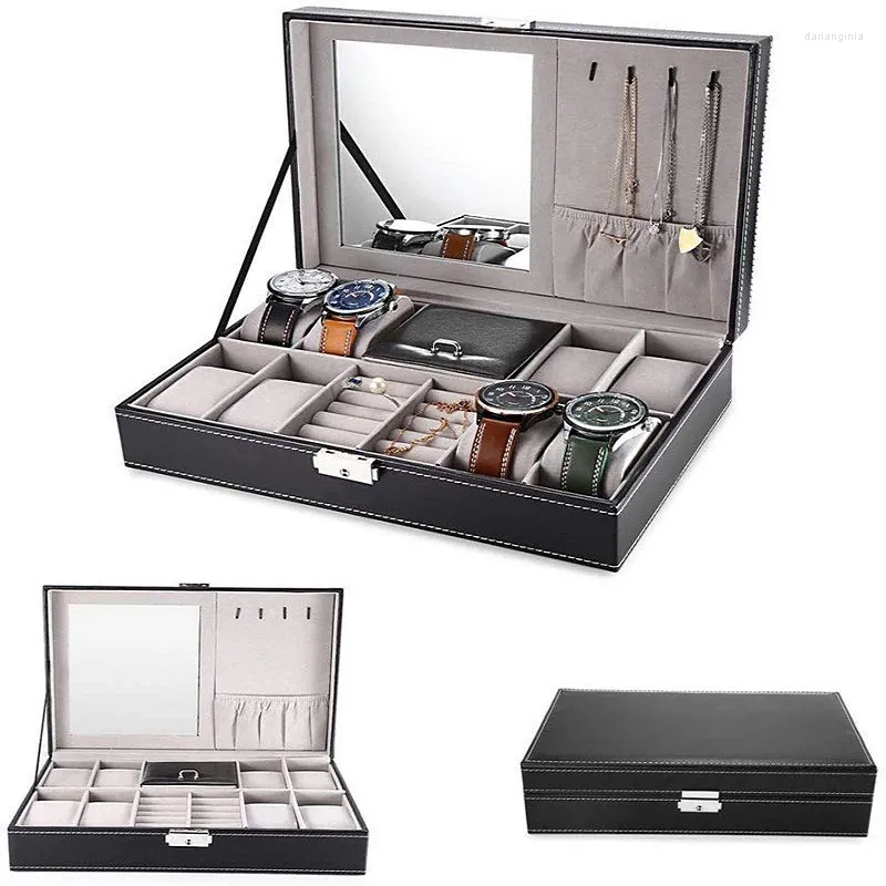 Mire las cajas Wellzone Black PU Gran Capacidad 8 2 Caja de almacenamiento de joyería de caja multifuncional múltiples ranuras para el hogar y el amigo