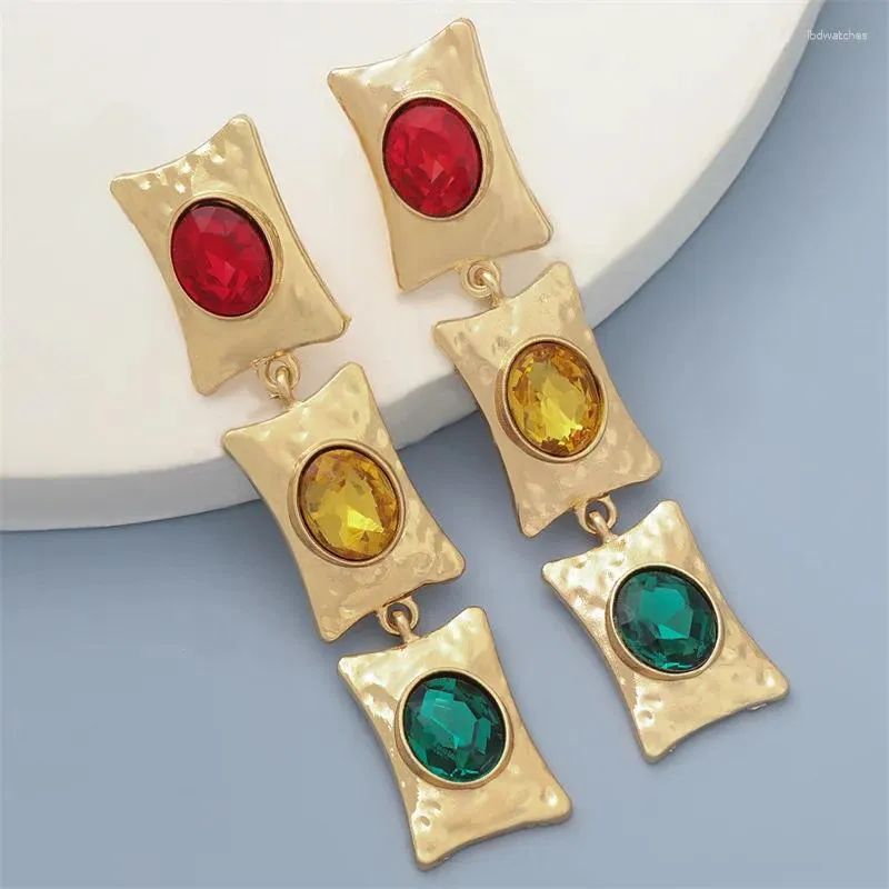 Stud Earrings Exaggerated Geometric Gold Color Inlaid Colored Crystal Women Retro Multi Layered Square Long Earring Party Jewelry