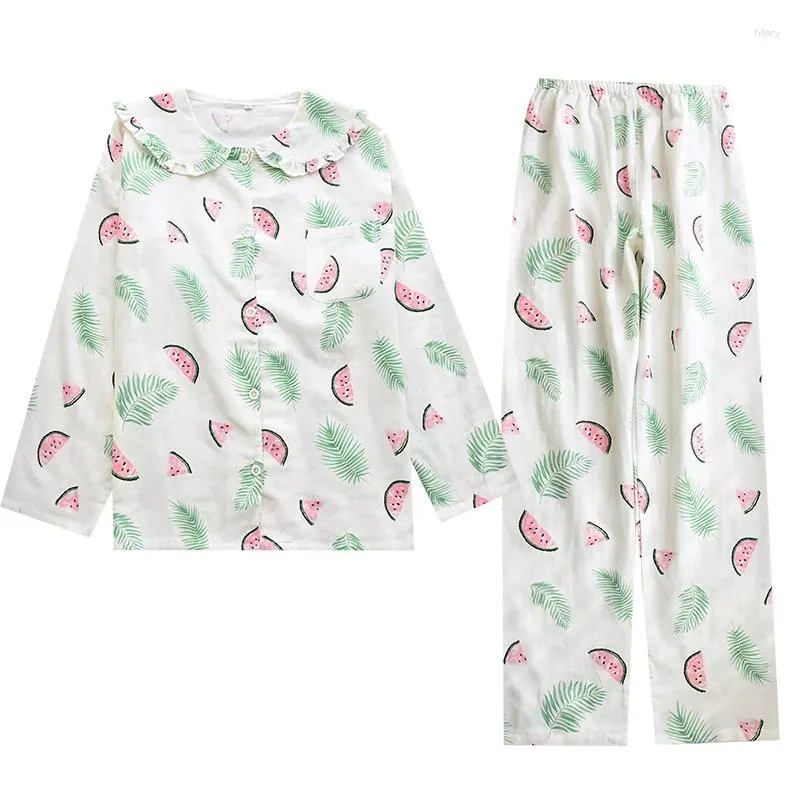 Home Clothing KISBINI Leaf Watermelon Printed Women Pajamase Set Pure Cotton Long Sleeve Button Female Suit Spring Autumn Pyjama