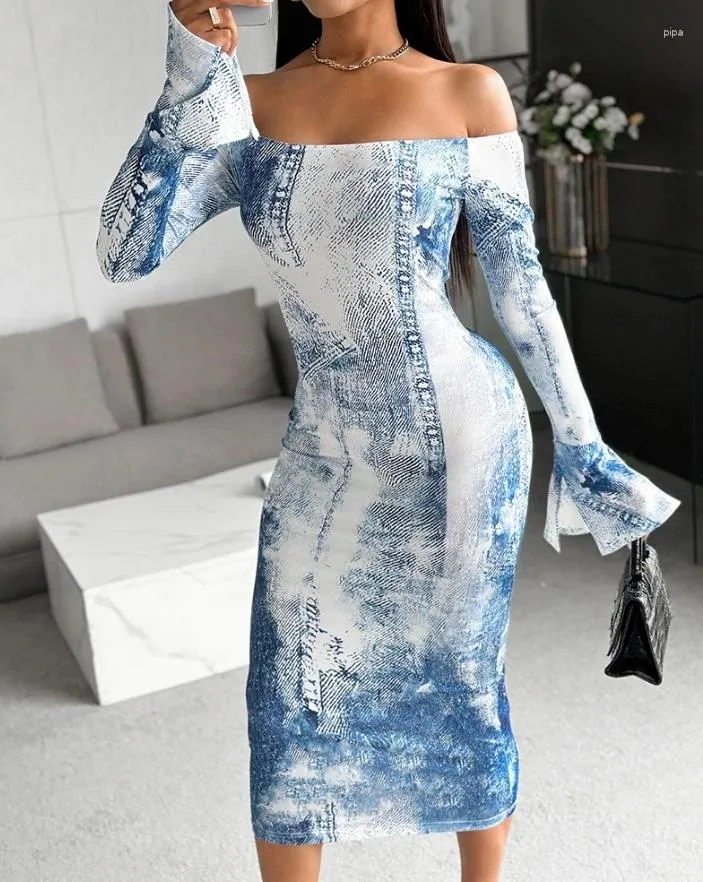 Casual Dresses Sexy Dress For Women Spring Party Clubwear Fashion Elegant Denim Look Print Off The Shoulder Bell Long Sleeve Midi Bodycon