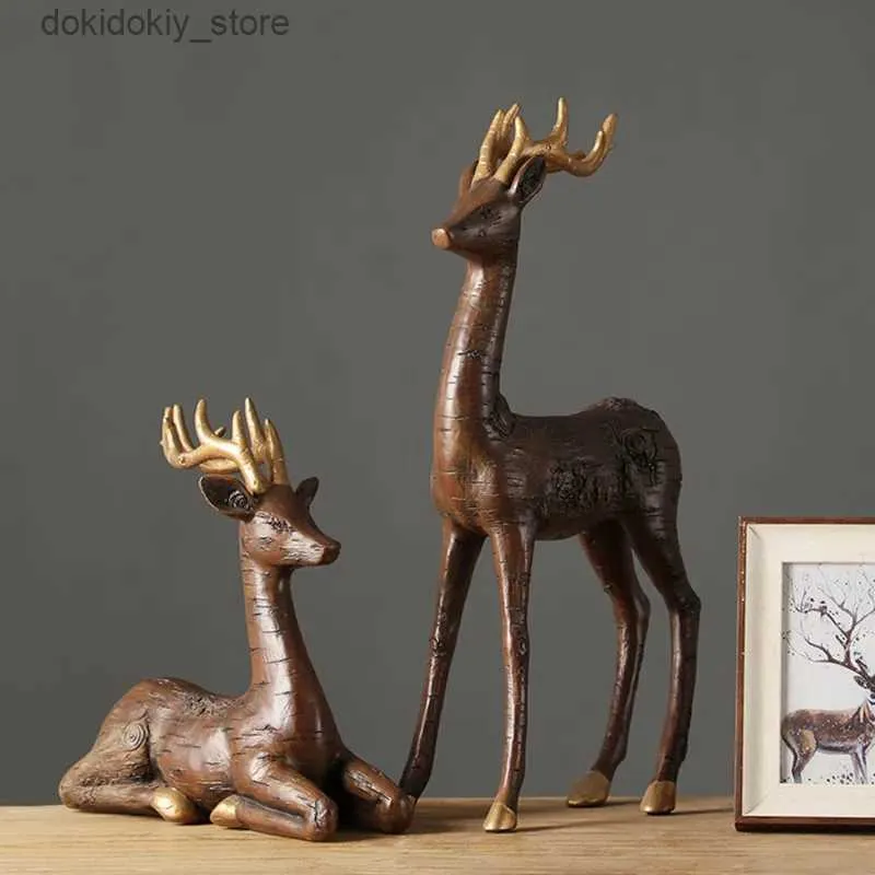 Konst och hantverk Creative Harts Crafts Par of Deer Retro Livin Room Desktop Ornament Senior Statue Lucky Animal Modern Home Accessories Iftl2447