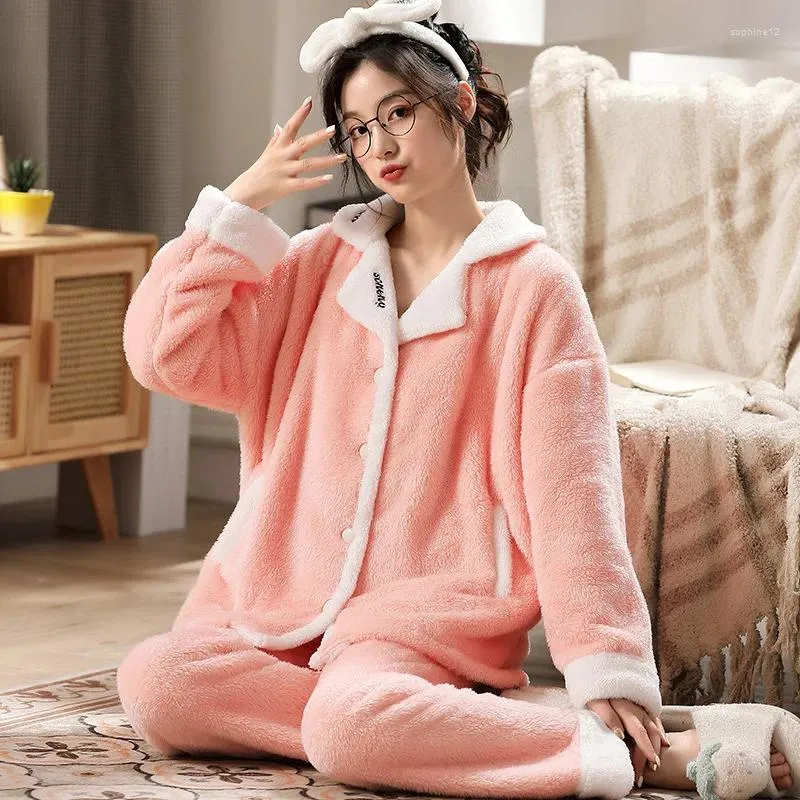 Roupas domésticas Autumn Winter Warm Nightwear Lounge Wear Wear Flanela Pijamas Definir Mulheres Casuais Sleepwear 2 peças Camisa Pijamas macios