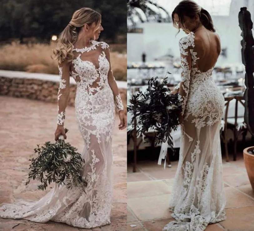 2021 Sexig Sheer Bohemian Sheath Wedding Dresses Juvel Neck Illusion Långärmar Plus Size Lace Appliced ​​Crystal Pärlor Backless B1009858