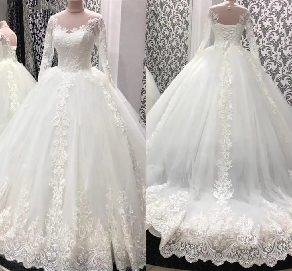 Dresses Long Sleeves Wedding Dresses Bridal Ball Gown 2021 Lace Applique Sweep Train Corset Back Scoop Neck Custom Made vestidos de novia