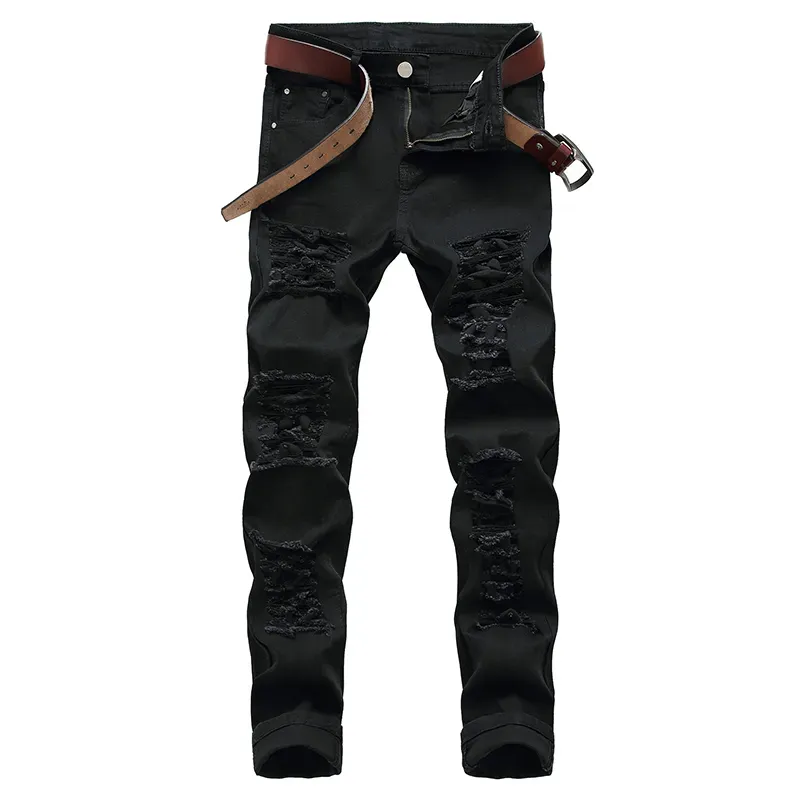 Mens White Black Distressed Holes Skinny Jeans Full Length Denim Pants Street Style Trousers Wholesale